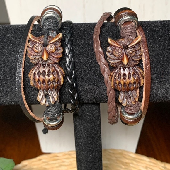Brown or Black Leather Banded OWL Adjustable Bracelet, Unisex - Picture 2 of 10